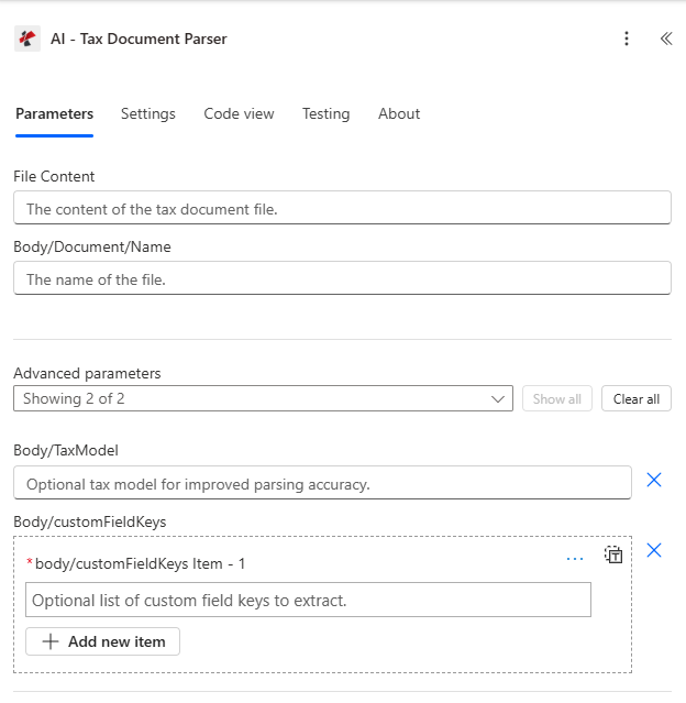 L'action Power Automate AI - Analyseur de documents fiscaux est configurée avec les paramètres Contenu du fichier, Corps/Document/Nom et Avancés, affichant Corps/TaxModel et Corps/customFieldKeys avec un seul élément.